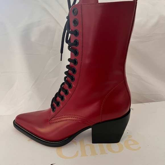 CHLOE Rylee Red Patent Leather Pointed Cuban Heel Lace Up Ankle Boots 37 - Picture 3 of 7